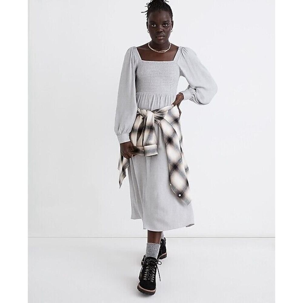 Madewell Lucie Long-Sleeve Smocked Midi Dress in Wool Gauze Xxs
